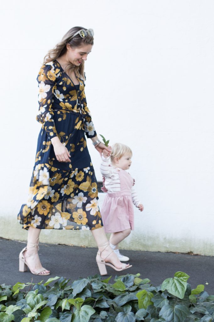 Marks and Spencer floral dress and pink pinafore